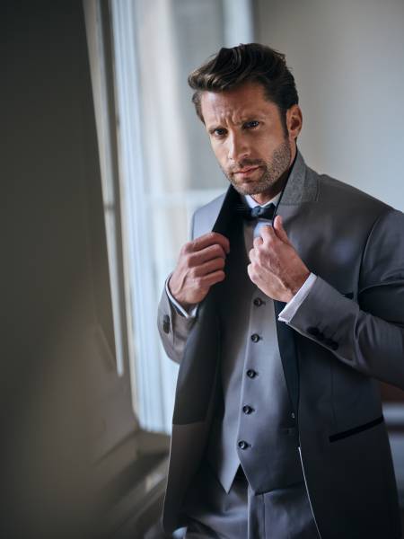 smoking gris slim marseille col chale noire satiné pas cher sur mesure