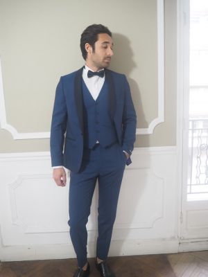 Smoking bleu marié col châle marseille mariage cérémonie homme de luxe