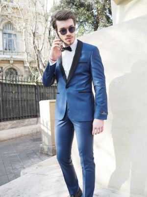 Smoking Bleu royal col châle noir